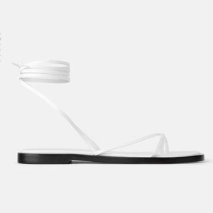 NWT Zara White Flat leather Sandal Tie Wrap
